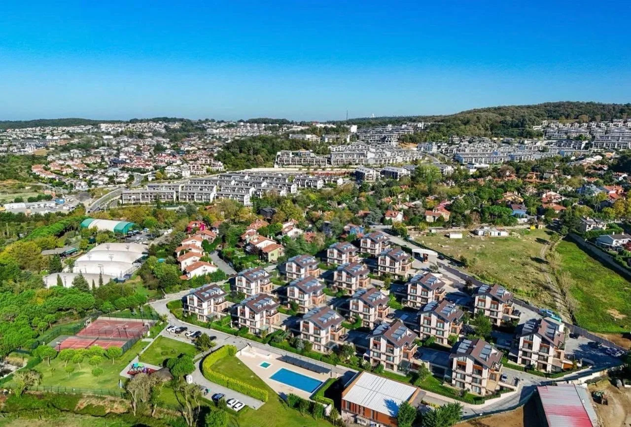 Aerial view of the complex and pool